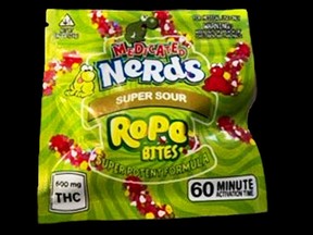 Winnipeg Police sent out a public advisory on Tuesday, Nov. 1, 2022, after receiving at least half a dozen reports about THC "Nerds" candy discovered in children's Halloween candy. The marijuana edibles packaged to look like the popular candy were discovered in children's bags after trick-or-treating in the South Tuxedo neighbourhood of Winnipeg. The package indicates 600 mg of THC, which can be harmful to children. Investigators have learned that the THC edibles were packaged along with regular full-size chocolate bars inside individual zipped sandwich bags.