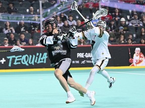 Harrison Matsuoka scores the first goal of the season for the Calgary Roughnecks against the Vancouver Warriors on WestJet Field at Scotiabank Saddledome on Saturday, Dec. 10, 2022.