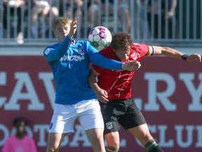 FC Edmonton's Tobia Swarschski (left) and Cavalry FC's Mason Trafford will fight for a fight in the ATCO field at Spruce Meadows on Sunday, June 26, 2022.