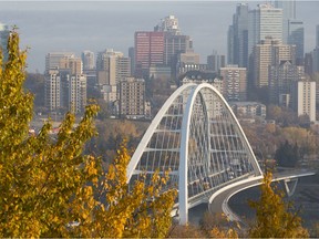 Edmonton downtown skyline and the new Walterdale Bridge.