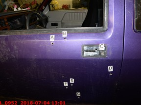 A bullet hole in the door of Clayton Crawford's truck. Crawford said he was shot 10 times by RCMP officers on July 3, 2018.