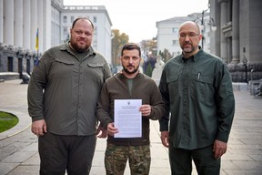 FIRST READING: Why is gas so damned expensive again? - alberta government announcements Ukraine has officially applied for fast-tracked NATO membership after Russia illegally annexed four of its eastern territories. The photo above shows Ukrainian President Volodymyr Zelensky, his prime minister and his parliamentary chairman posing with the application form. NATO is generally leery of adding any new members that are already embroiled in armed conflict, but according to Canadian Foreign Affairs Minister Melanie Joly, Ukraine can already count on Canada’s vote.