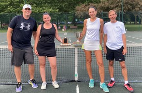 Mixed doubles champions, from left: Graham Heaton and Sarah Heaton (‘B’), and Marta Andrekovic and Bob Tamblyn (‘A’).