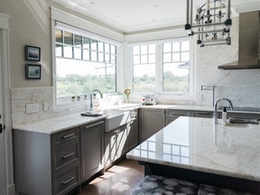 This contemporary farmhouse kitchen is by Jane Lockhart Design.
