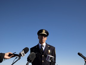 Saskatoon Fire Chief Morgan Huckle speaks to media at the location of the new fire training center on RM in Coman Park, one kilometer north of the Saskatoon city limits.