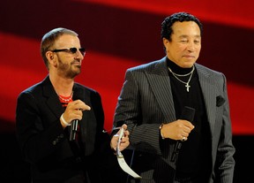 Musician Ringo Starr (L) and singer Smokey Robinson speak onstage during The GRAMMY Nominations Concert Live! at the Club Nokia on Dec. 2, 2009 in Los Angeles, California.