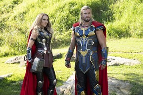 Marvel Studios Thor: Love and Thor, Natalie Portman as Mighty Thor and Chris Hemsworth as Thor.