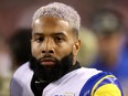 Odell Beckham Jr. of the Los Angeles Rams watches from the sidelines in the third quarter in the game against the Los Angeles Rams at Levi's Stadium on November 15, 2021 in Santa Clara, California.