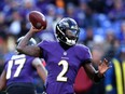 Quarterback Tyler Huntley of the Baltimore Ravens throws a second half pass against the Denver Broncos at M&T Bank Stadium on December 04, 2022 in Baltimore, Maryland.