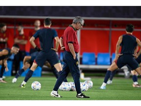 Portugal's coach Fernando Santos oversees a training session at the Al Shahaniya SC training site. northwest of Doha on December 5, 2022, on the eve of the Qatar 2022 World Cup Round of 16 football match between Portugal and Switzerland.