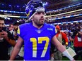 Los Angeles Rams quarterback Baker Mayfield reacts following the victory against the Las Vegas Raiders at SoFi Stadium.