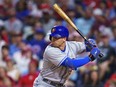 New York Mets' Brandon Nimmo bats against the Philadelphia Phillies, Aug. 20, 2022, in Philadelphia.