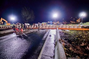 The Tiger Dam that was built across Highway 1 at Cole Road in Abbotsford during flooding in November 2021.