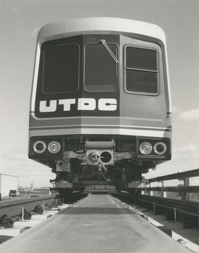 A photo distributed by the Urban Transportation Development Corporation showing an ALRT transit car with the UTDC logo. The photo is engraved on February 23, 1981.