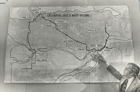 Bill Lane, Commissioner of the Greater Vancouver Regional District, shows a map of the light rail system proposed on July 26, 1979.