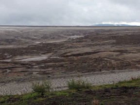 October 16, 2014: The collapse of the Imperial Metals Mount Polley gold and copper mine dam and the release of water left a barren landscape of the Tailings. Part of the Tailings Dam collapsed on August 4, releasing more than 24 million cubic meters of water and Tailings into Hazeltin Creek, Lake Pauly, and Lake Quesnel.