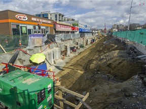 Construction where the new Broadway SkyTrain will cross the Canada Line at Cambie and Broadway.