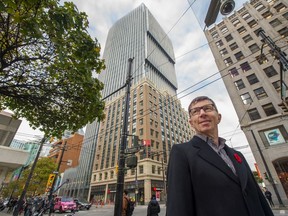 Architect Harry Gugger with The Exchange tower in Vancouver, B.C., Nov. 8, 2017.