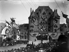 The Canadian Pacific Railway Station at the foot of Granville is decorated for a visit by the Duke of Connaught. The list in the Vancouver Archive says 1900, which is probably Duke's 1906 visit, or 1912. The banner says 