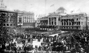 Reception at the HRH Duke of Connaught in front of the Vancouver Courthouse on Georgia Street on September 12, 1912. Vancouver Archive AM1376-: CVA 189-1