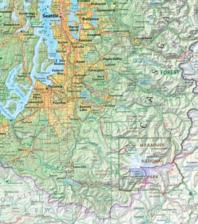 Detail of Jeff Clarke's map of the Salish Sea showing the area from Puget Sound to Mount Rainier.