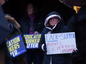 Education workers rally outside the Greater Essex County District School Board office in downtown Windsor to bring attention to support staff shortages on Tuesday, Oct. 18, 2022.