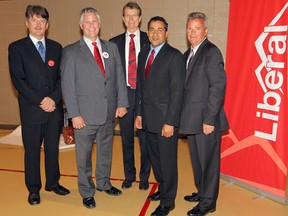 Hugh MacDonald (far left), Bruce Payne, Raj Sherman, Bill Harvey (far right) and Laurie Blakeman (not pictured) are the five candidates running to replace David Swann (centre) as Alberta Liberal leader.