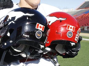 The Stamps will wear a special decal the rest of the season honouring the victims of the crash near Grande Prairie that claimed four members of a local high school football team. Photo courtesy Rhys Dowbiggin, Calgary Stampeders