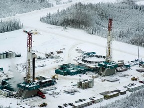 Test wells are drilled from a pad in the Horn River Basin for Encana Corp.