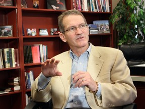 Prairie Bible Institute president Mark Maxwell gestures during a lengthy interview in his Three Hills office.