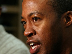 Stamps quarterback Henry Burris speaks to the media on Monday at McMahon Stadium. Photo, Christina Ryan, Calgary Herald