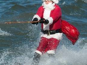 Santa Claus water skies. To be clear, this is not the real North Pole.