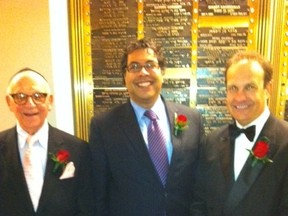 Mayor Naheed Nenshi, guest of honour at the 61st B'Nai Brith Gentlemen's Dinner held this evening, with Lou Pomerance (left) and dinner chair Joel Grotsky.