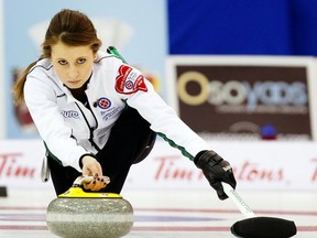 Erin Carmody, above, and Jenna Loder plan to make short work of Chris Schille and Braeden Moskowy on Sunday at the Calgary Curling Club