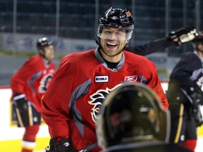 Calgary Flame Jarome Iginla smiles during a recent Flames practice. The Flames take on the San Jose Sharks tonight.