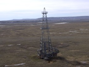 An abandoned derrick near the Gubik gas field, discovered in 1951, in Alaska. The U.S. Geological Survey said Alaska may contain up to 80 trillion cubic feet of recoverable gas in its shale (Dave Houseknecht, USGS).