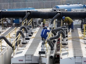 Some of the heavy equipment required for hydraulic fracturing. The practice is a target of anti-energy industry organizations.