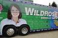 EDMONTON, ALTA: MARCH 19, 2012 -- Wildrose Leader Danielle Smith has had some fun with the wheely bad photo placement on her campaign bus. She intends to have it changed, but it's astonishing her campaign team didn't notice the gaffe.