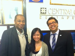 Pictured at the Spring Moon Festival dinner held Friday nite at Central Grand are, from left, Chima Nkemdirim, Office of the Mayor, Chief of Staff, Leah Chiu and Mayor Naheed Nenshi.