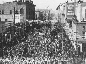 In 1915, many men would leave Calgary to fight in World War I. The soldiers figured prominently in the Exhibition. This picture, taken in 1919, shows the returning 10th Battalion, Expeditionary Force, following the war.
Photo: Courtesy, Glenbow Archives