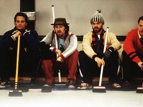 FROM LEFT: PAUL GROSS, PETER OUTERBRIDGE, JED REES AND JAMES ALLODI IN THE MOTION PICTURE 'MEN WITH BROOMS'