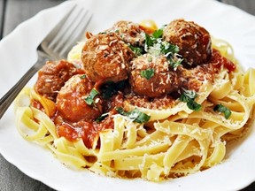 Fettucine with Meatballs in Tomato Sauce. Photo courtesy Fuss Free Cooking.