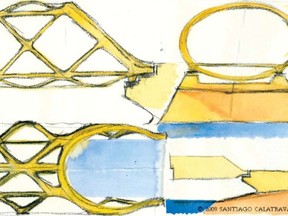 An early sketch of the Peace Bridge. Copyright Santiago Calatrava; Courtesy, City of Calgary.