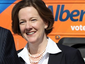 Premier Alison Redford arrives at the Sprung Instant Structures offices in Aldersyde during a campaign stop on Tuesday. Gavin Young, Calgary Herald.