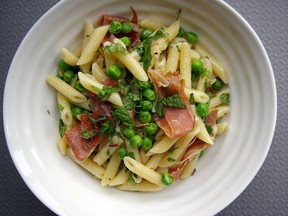 Photo by Gwendolyn Richards:  Pea, prosciutto and pasta salad.