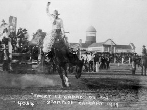 Emery Le Grandeur on "Fox" at Calgary Exhibition and Stampede. (Emery Le Grand) in 1919. Photo: Courtesy, Glenbow Archives -- NA-217-50