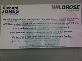 This Wildrose campaign flyer from candidate Richard Jones wrongly claims Albertans will be made into "criminals" by the new impaired law.