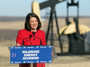 Wildrose leader Danielle Smith speaks during a campaign stop just outside Cremona on April 2, 2012.