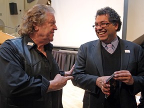 Mayor Naheed Nenshi shares a laugh with original Stampeders band member Ronnie King following the Calgary 2012 kickoff on April 4, 2012 at the Epcor Centre. The campaign cents around a full year of cultural celebrations in Calgary. Photo by Colleen De Neve/Calgary Herald