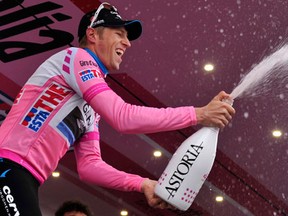 Ryder Hesjedal in the maglia rosa, the pink jersey worn by the race leader, earlier this month. Associated Press.